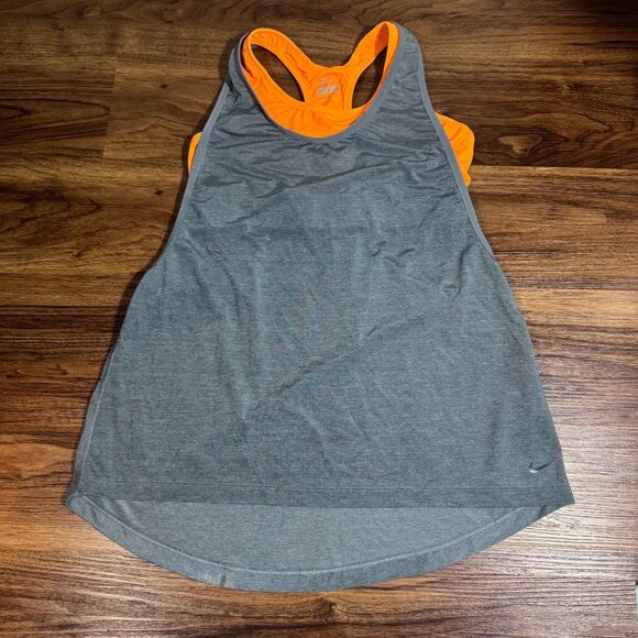 Nike Dri-Fit 2 In 1 Tank Top Built In Sports Bra Tank Shirt Size Med Gray/Orange - Picture 1 of 11
